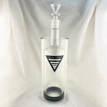 Clear glass bottle with a black logo on a white background