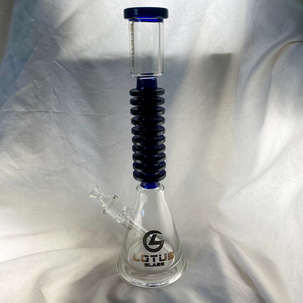 Glass water pipe with black ribbed neck and Lotus Blaze logo on a white background