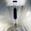 Glass water pipe with black ribbed neck and Lotus Blaze logo on a white background