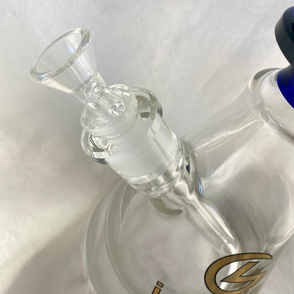 Glass water pipe with a blue accent on a white background