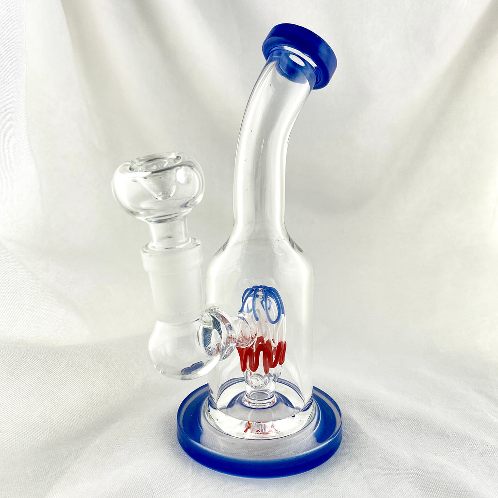 Clear glass water pipe with blue accents on a white background