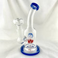 Clear glass water pipe with blue accents on a white background