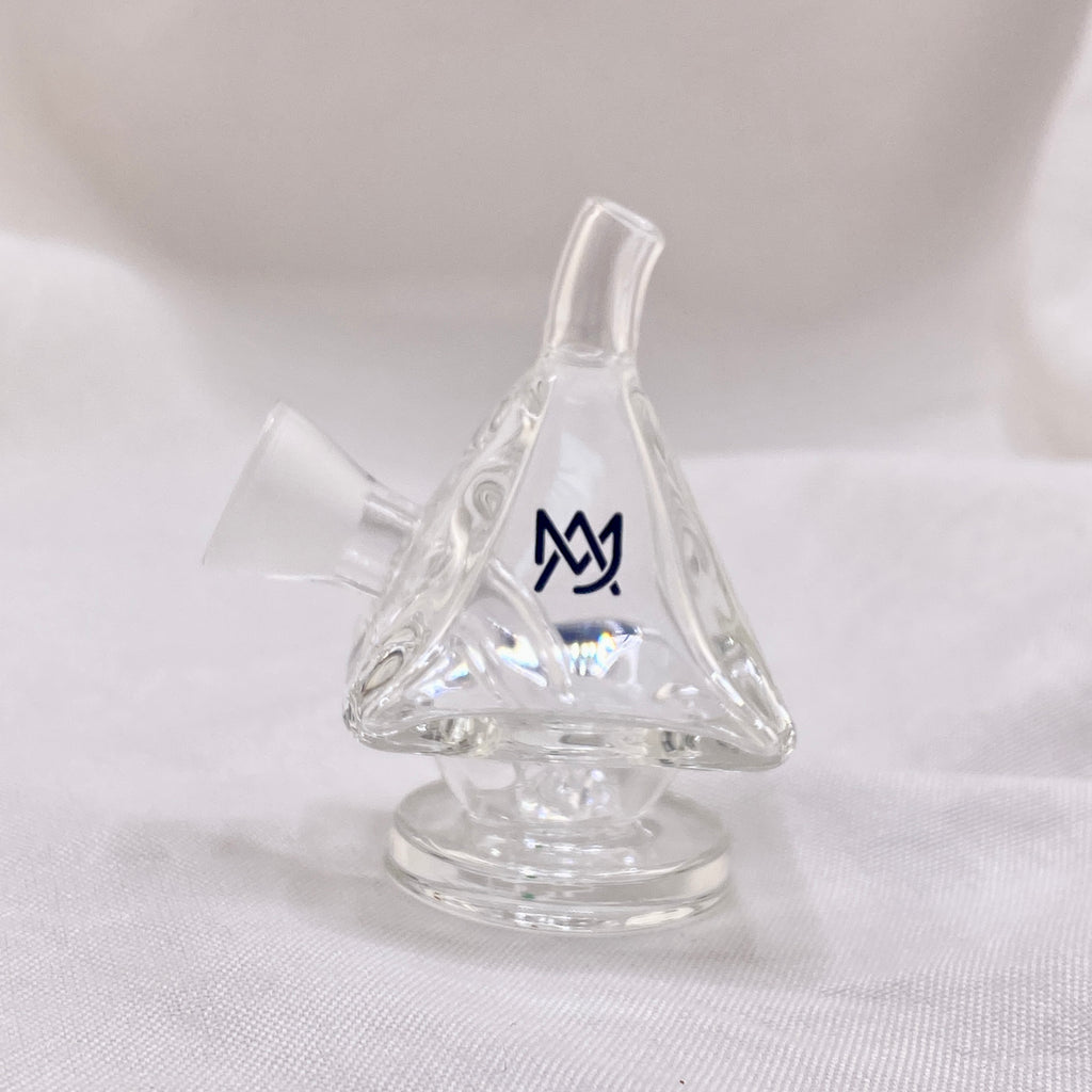 Clear glass water pipe with a logo on a white background