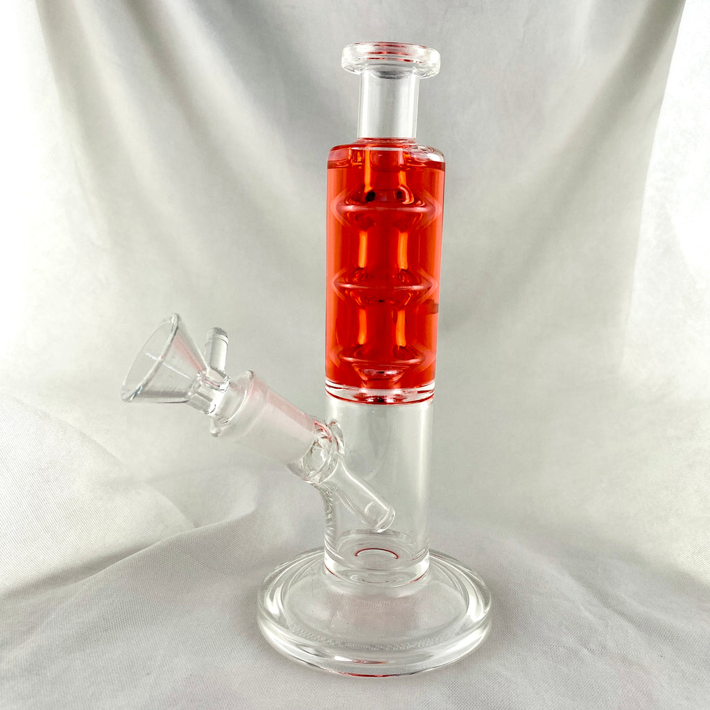 Glass smoking device with red accent on a white background