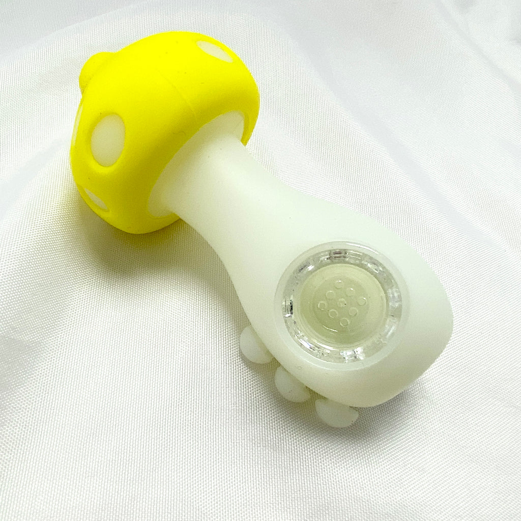 White and yellow dumbbell-shaped object on a white background